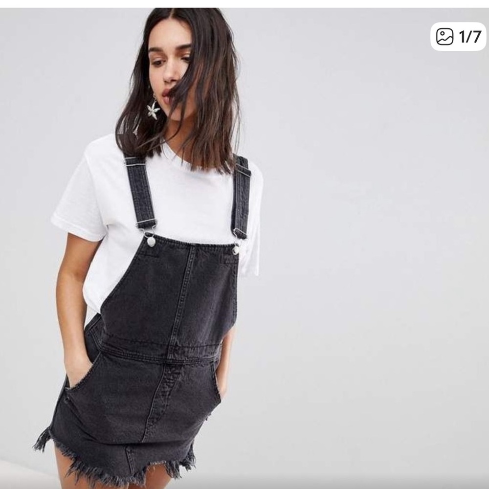 Free People Black Denim Overall Mini Dress